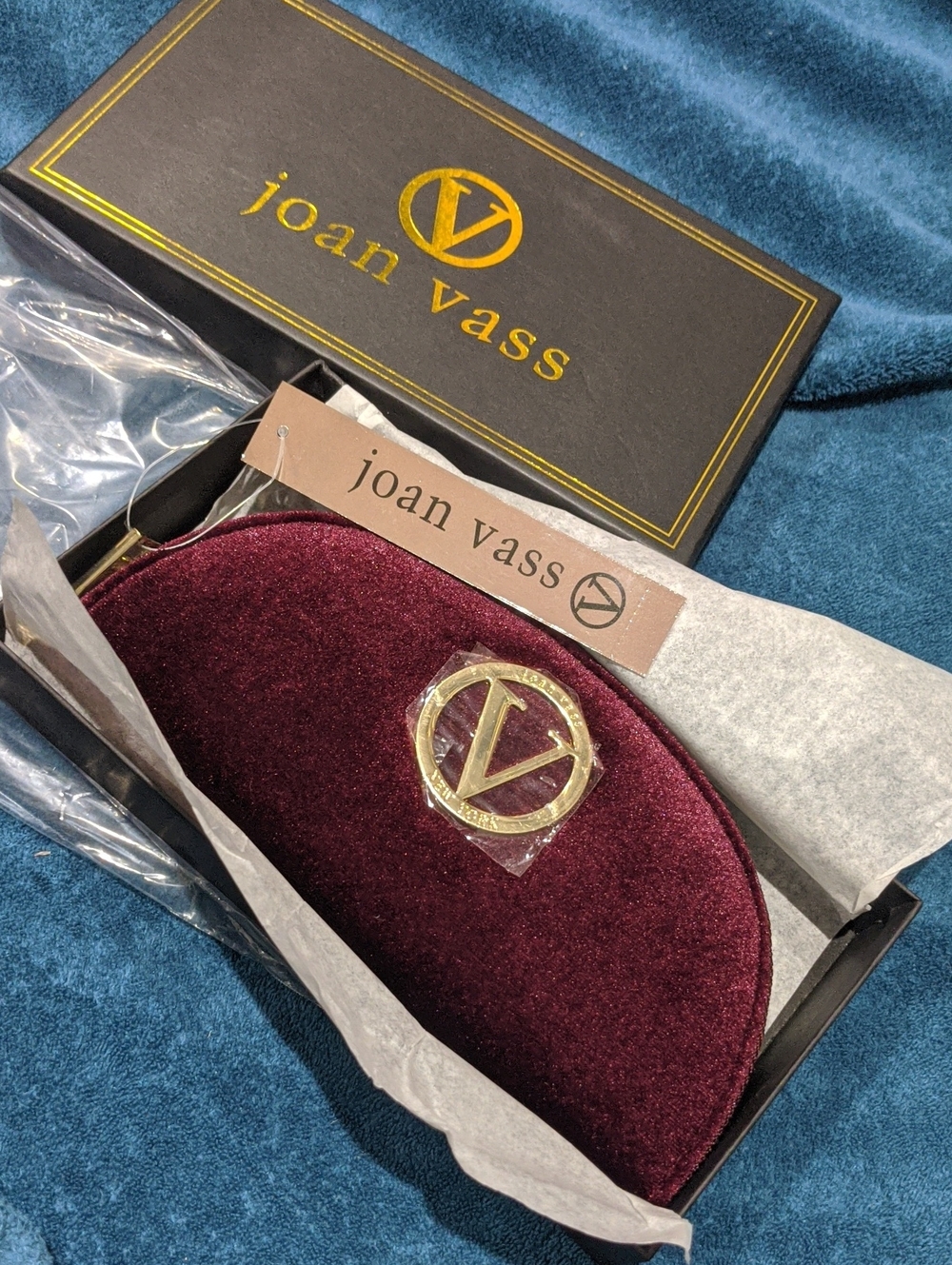 Joan Vass Wine Velvet Wristlet with Gold Emblem